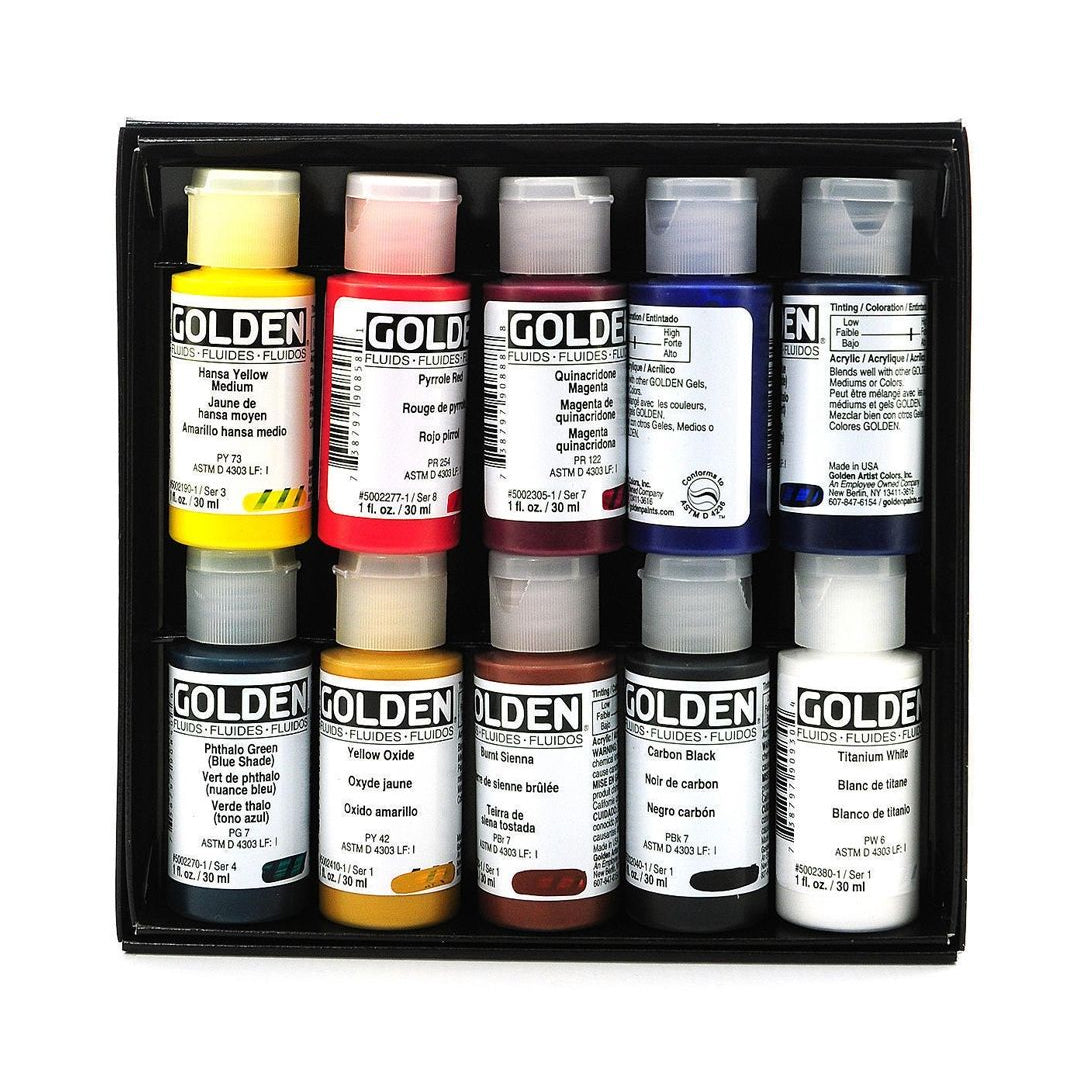 Golden Fluid Acrylic Professional Paint Set of 8 and 10 High Tinting Smooth Flow Artist Acrylics for Fine Detail Glazing and Water Media