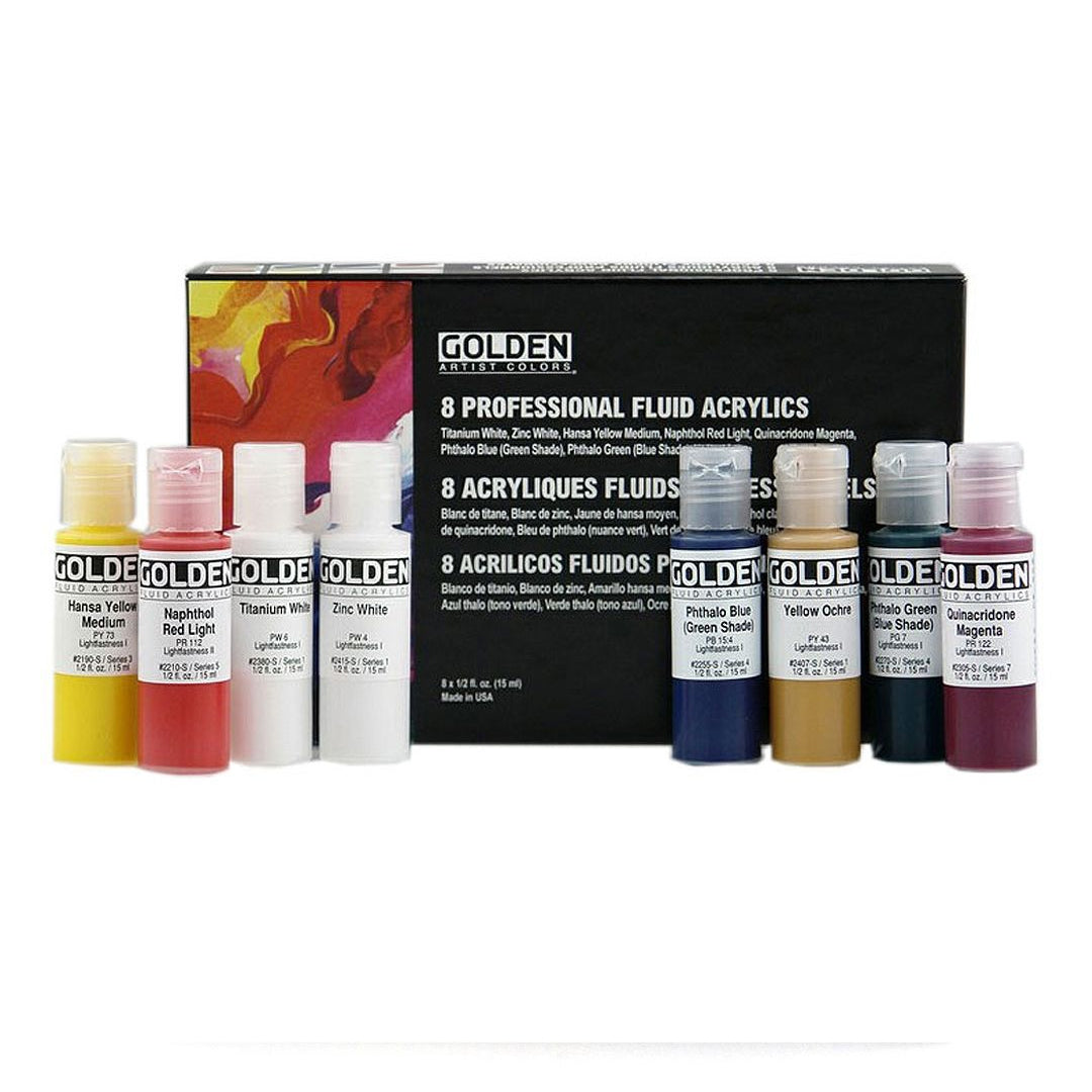 Golden Fluid Acrylic Professional Paint Set of 8 and 10 High Tinting Smooth Flow Artist Acrylics for Fine Detail Glazing and Water Media