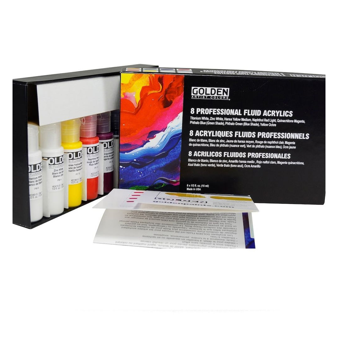 Golden Fluid Acrylic Professional Paint Set of 8 and 10 High Tinting Smooth Flow Artist Acrylics for Fine Detail Glazing and Water Media