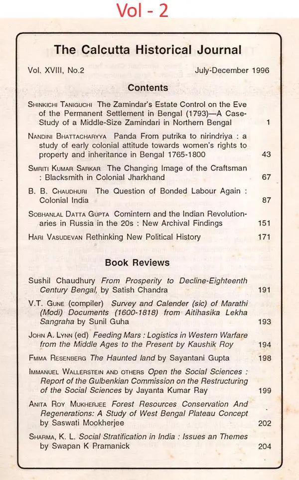 The Calcutta Historical Journal- Vol. XVIII, No. 1-2: Ecology, Subsistence and Coping in Eighteenth Century Bengal, Survey and Calender (Sic) of Marathi (Modi) Documents (1600-1818) from Aitihasika Lekha Sangraha (Set of 2 Volumes: An Old and Rare Book) - Retail Maharaj