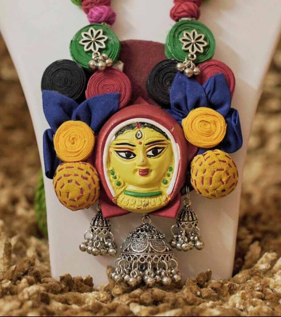 Handcrafted Devi Face Fabric Necklace – Multicolor Terracotta Pendant with Oxidized Jhumkas - Retail Maharaj