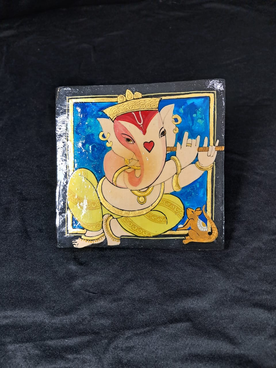 Hand-Painted Wooden Ganesh Art Tile – “Melody of Blessings” - Retail Maharaj