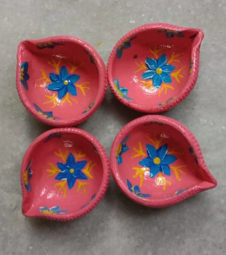 Autumn Bloom Diyas – Hand-Painted Terracotta Diyas by Underprivileged Children | Eco-Friendly Diwali Decorative Clay Lamps (Set of 4) - Retail Maharaj