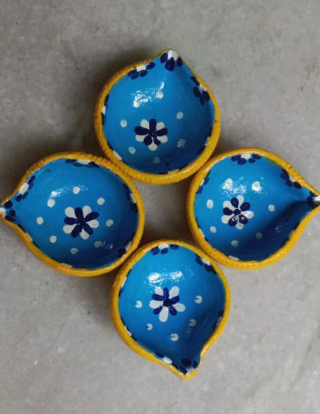 Autumn Bloom Diyas – Hand-Painted Terracotta Diyas by Underprivileged Children | Eco-Friendly Diwali Decorative Clay Lamps (Set of 4) - Retail Maharaj