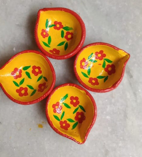Autumn Bloom Diyas – Hand-Painted Terracotta Diyas by Underprivileged Children | Eco-Friendly Diwali Decorative Clay Lamps (Set of 4) - Retail Maharaj