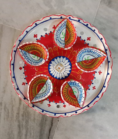 Divya Deepam – Hand-Painted Diya Thali Set with 5 Leaf Diyas | Eco-Friendly Diwali Puja Plate by Underprivileged Children - Retail Maharaj