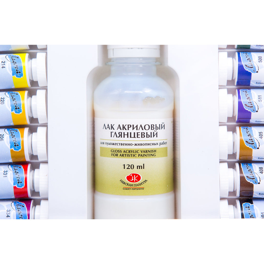 Ladoga Gift Set of Acrylic Color Artist Paint Set with 12 Colours Gloss Varnish and Brushes for Canvas Wood and Creative Art