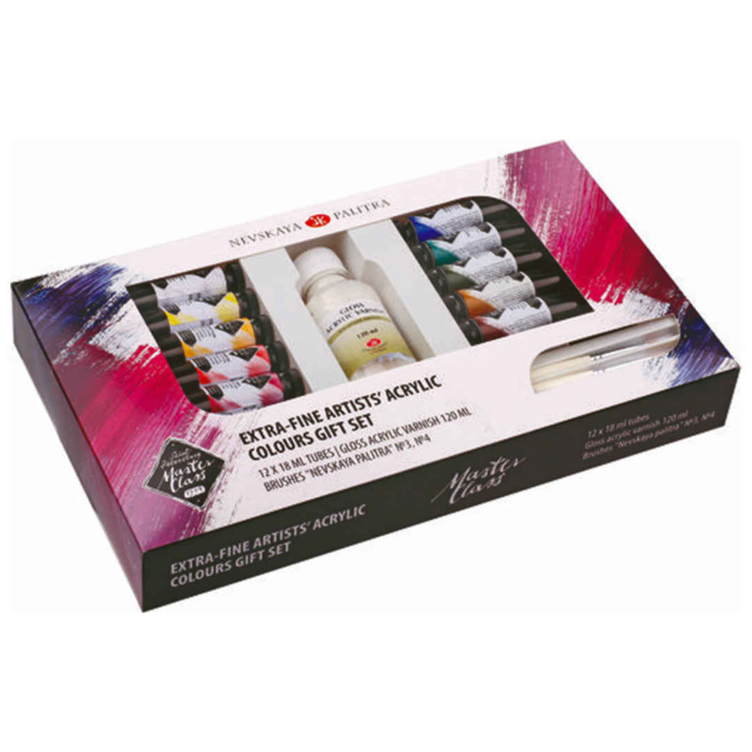 Master Class Gift Set of Acrylic Colours Professional Artist Set with Varnish and Brushes