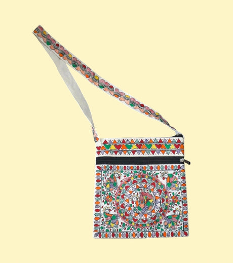 Madhubani Harmony Hand-Painted Cotton Sling Bag – Folk Art Crossbody with Bird & Floral Motifs | Eco-Friendly Artisan Bag for Women - Retail Maharaj