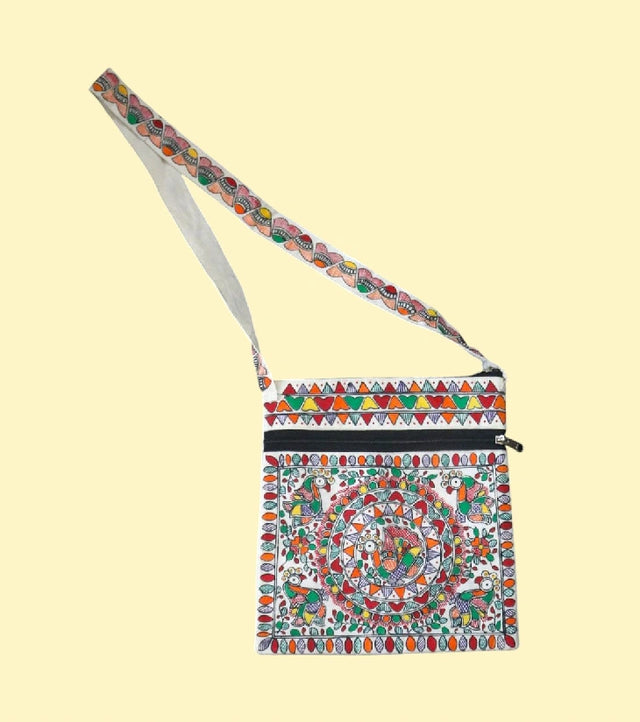 Madhubani Harmony Hand-Painted Cotton Sling Bag – Folk Art Crossbody with Bird & Floral Motifs | Eco-Friendly Artisan Bag for Women - Retail Maharaj