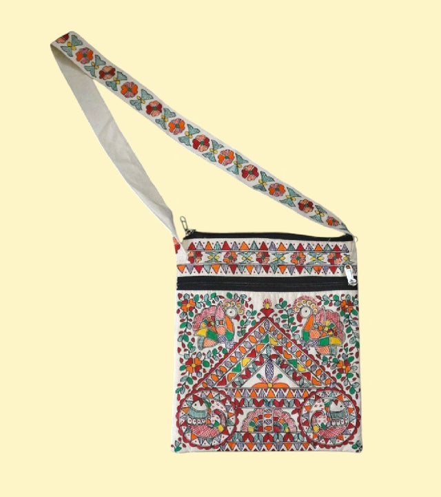 Madhubani Melody Hand-Painted Cotton Sling Bag – Bird & Floral Motif Crossbody | Eco-Friendly Indian Folk Art Bag for Women - Retail Maharaj