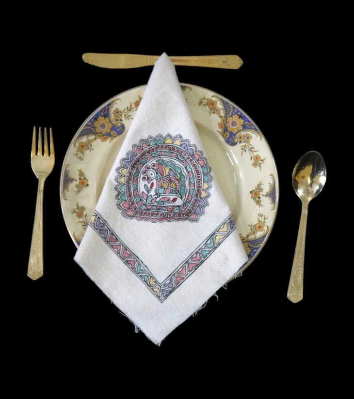 Madhubani Grace Hand-Painted Cotton Dinner Napkin – Traditional Indian Folk Art Table Linen | Reusable Sustainable Dining Accessory - Retail Maharaj