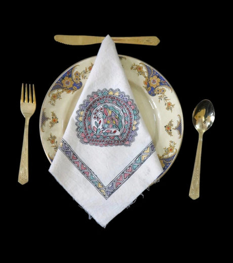 Madhubani Grace Hand-Painted Cotton Dinner Napkin – Traditional Indian Folk Art Table Linen | Reusable Sustainable Dining Accessory - Retail Maharaj