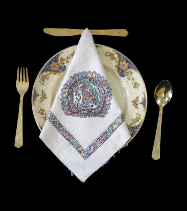 Madhubani Grace Hand-Painted Cotton Dinner Napkin – Traditional Indian Folk Art Table Linen | Reusable Sustainable Dining Accessory - Retail Maharaj