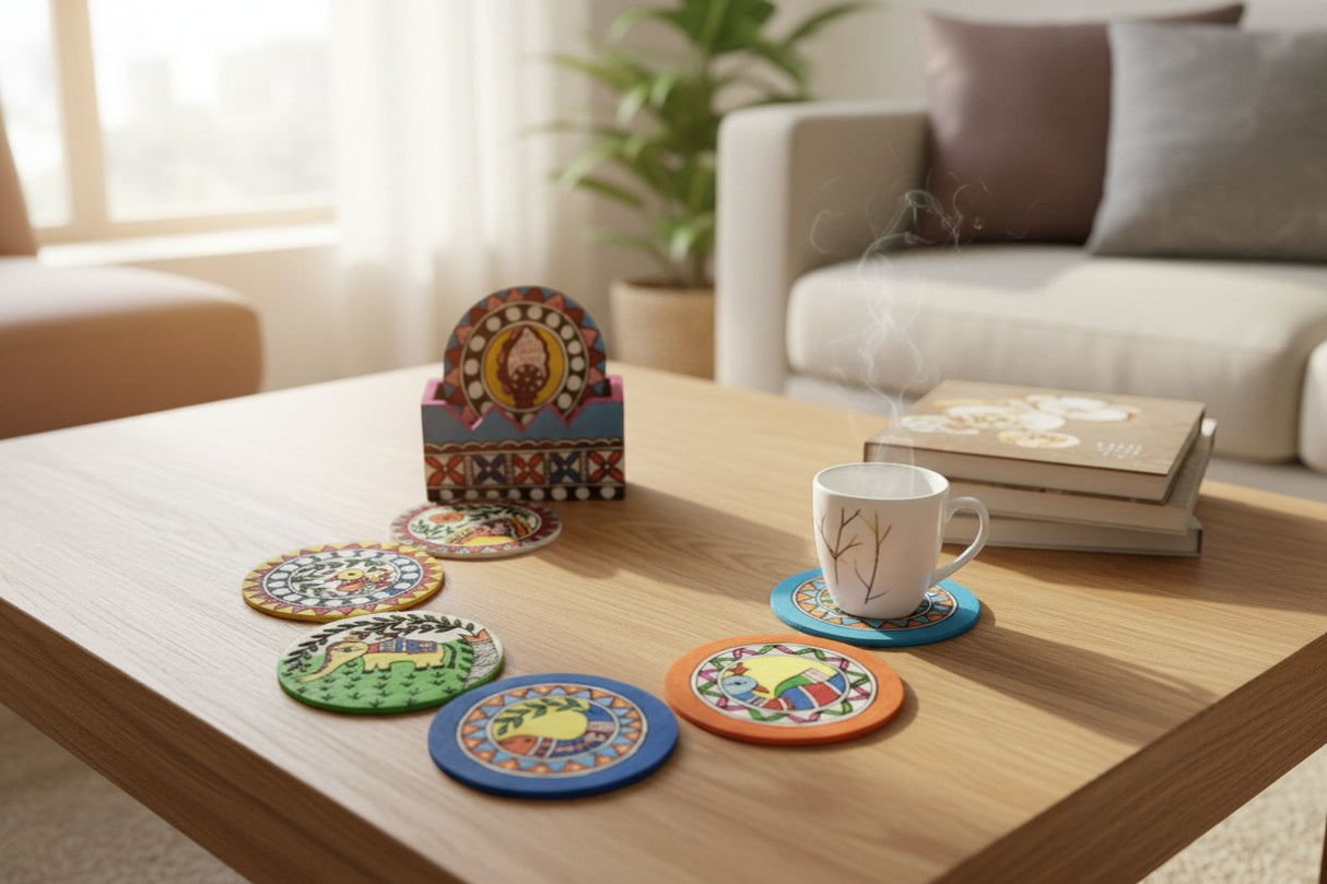 Handmade Madhubani Tea Coaster Set – Wooden Mithila Art Coasters | Indian Folk Art Table Decor - Retail Maharaj