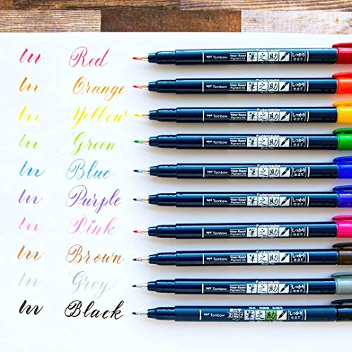 Tombow Fudenosuke Hard Tip Brush Pen Set of 10 Assorted Colours