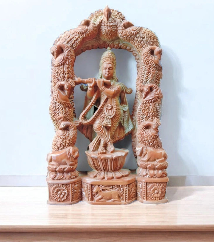 Odisha Soapstone Carving – Krishna with Peacocks – Handcrafted Divine Sculpture - Retail Maharaj