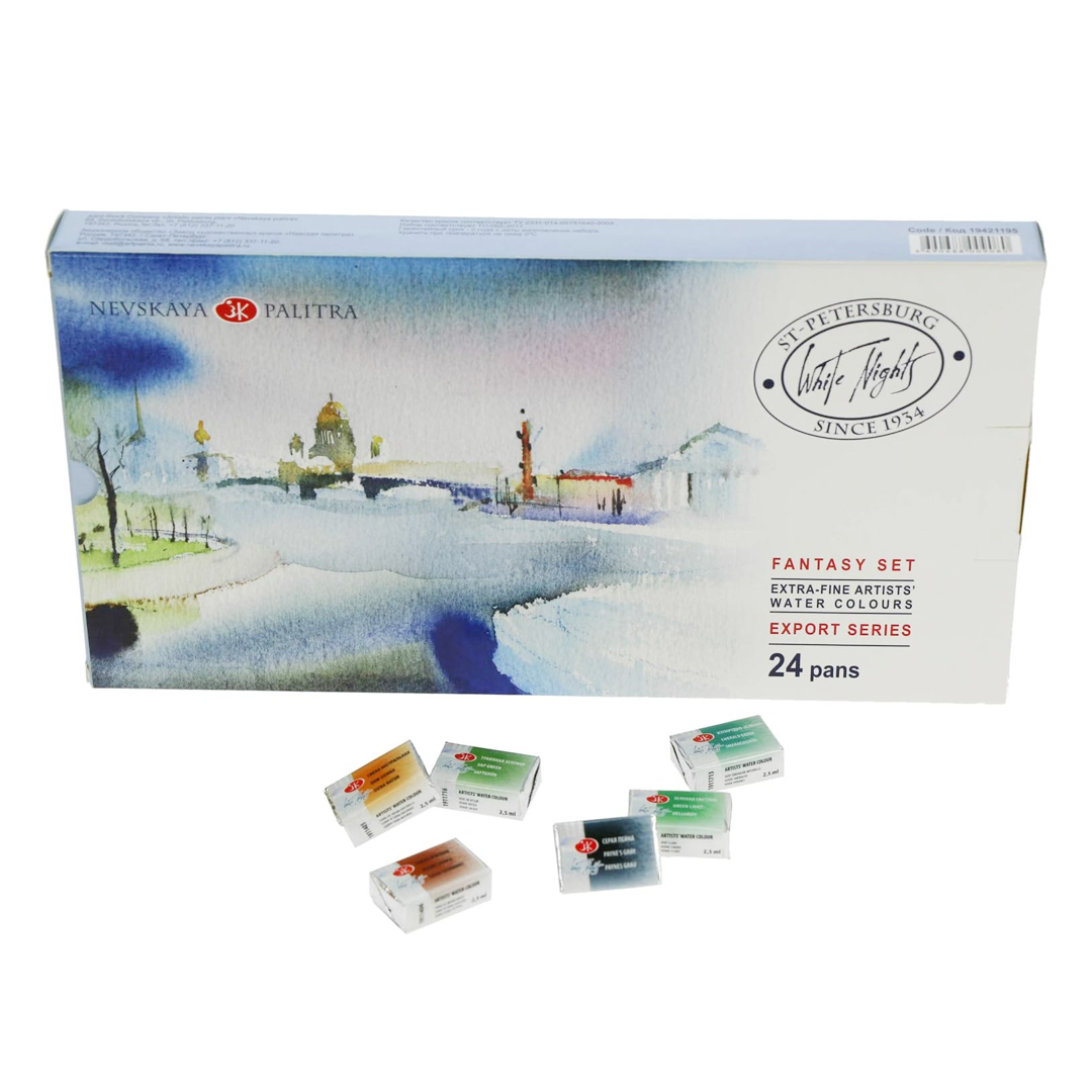White Night Artists Watercolour Fantasy & Landscape Set of 24 Whole Pans Plastic Box