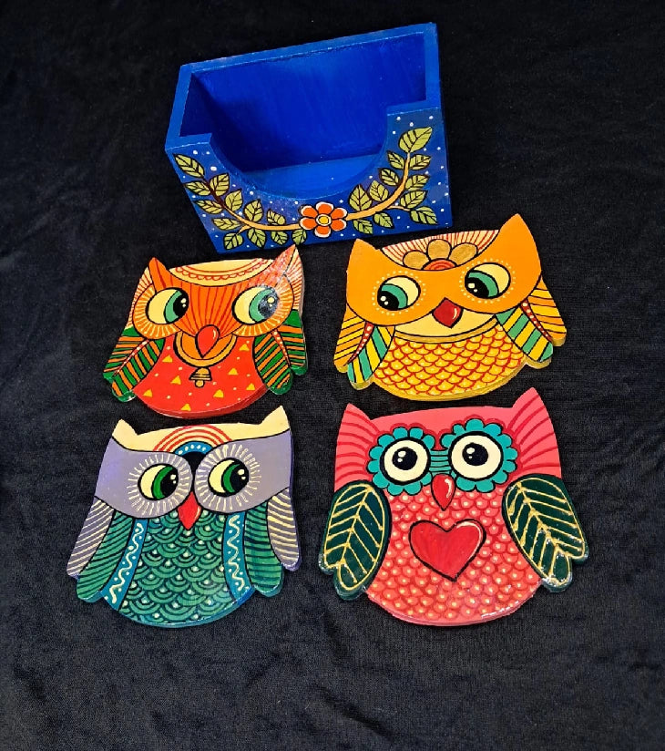 Chirpy Owls Wooden Coaster Set (4 pcs) - Retail Maharaj