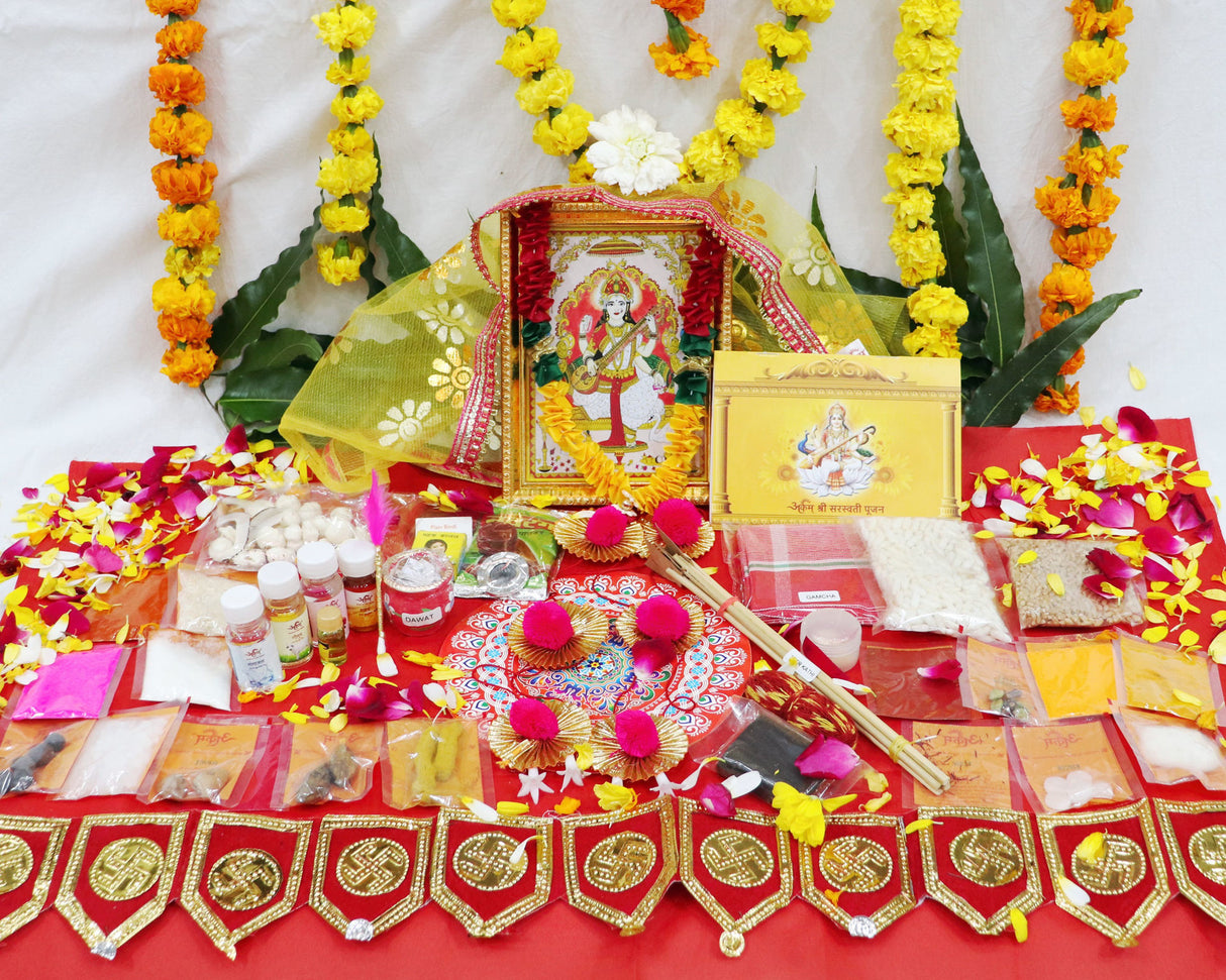 Arkam Saraswati Puja Samagri Kit for Basant Panchami/ Saraswati Pujan/ Basant Panchami Pooja/ Vasant Panchami Puja (45+ Items) with Detailed Puja Vidhi in Hindi - Retail Maharaj