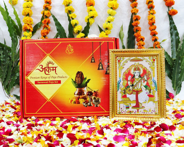 Arkam Saraswati Puja Samagri Kit for Basant Panchami/ Saraswati Pujan/ Basant Panchami Pooja/ Vasant Panchami Puja (45+ Items) with Detailed Puja Vidhi in Hindi - Retail Maharaj