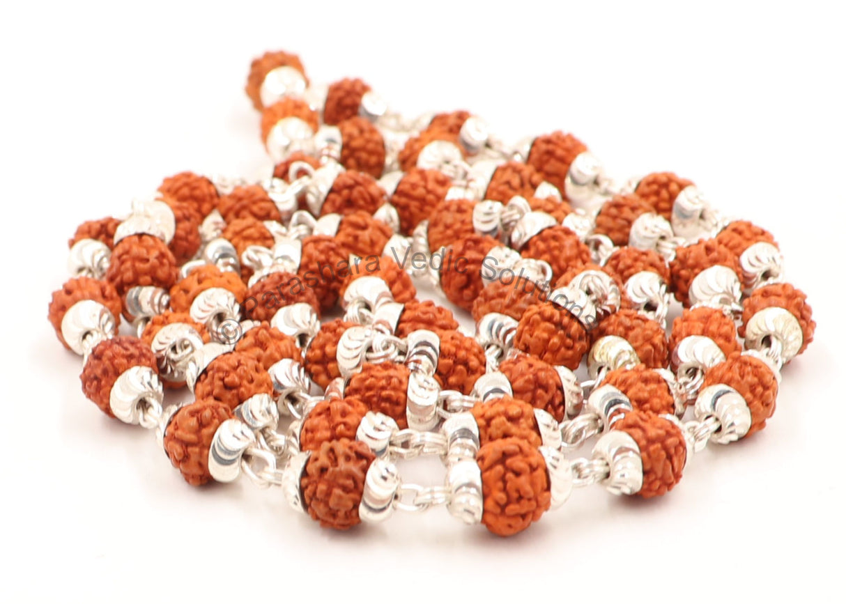 Arkam Rudraksh Mala with Silver Capping Certified/ Silver Rudraksh Mala for Men and Women/ Rudraksha mala Silver Cap Original/ Rudraksh Mala Set in Silver (Size: 6mm, Length: 24 inches, Beads: 54+1) - Retail Maharaj