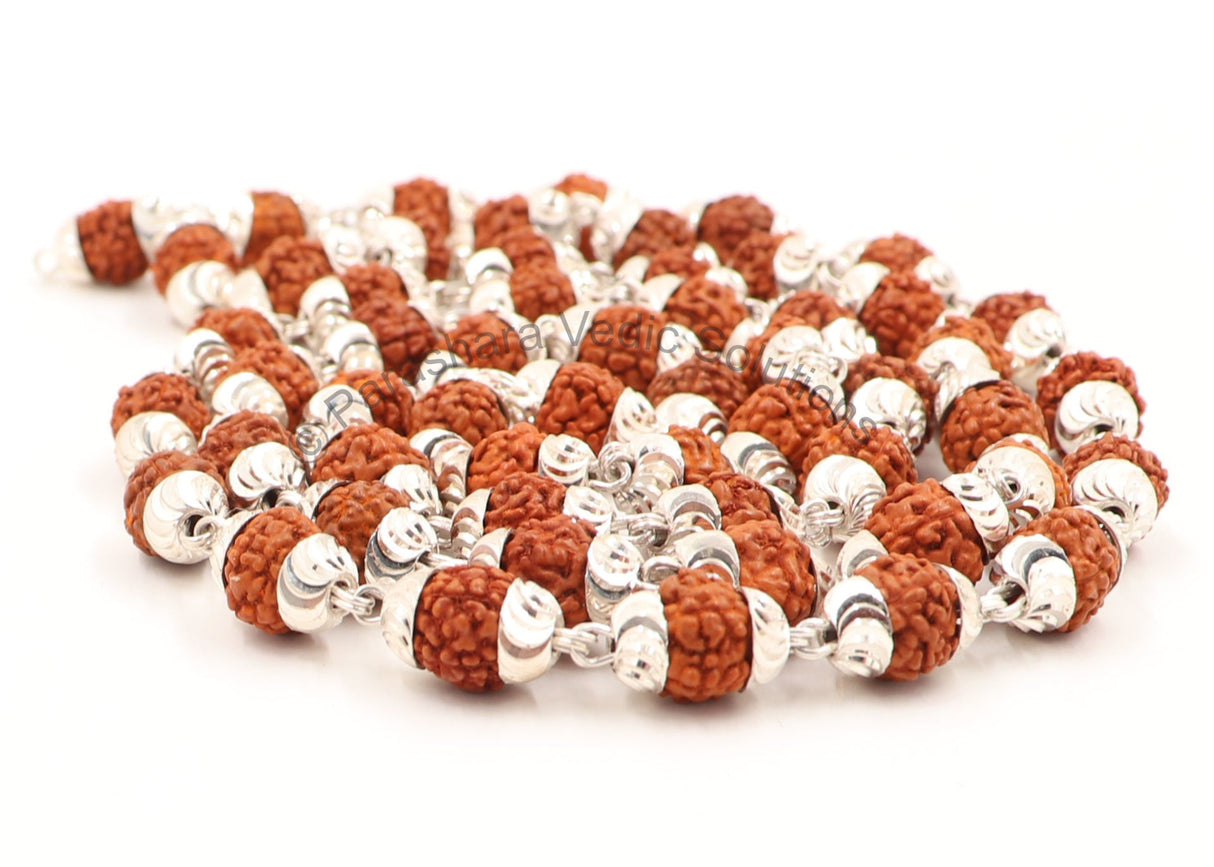 Arkam Rudraksh Mala with Silver Capping Certified/ Silver Rudraksh Mala for Men and Women/ Rudraksha mala Silver Cap Original/ Rudraksh Mala Set in Silver (Size: 7mm, Length: 27 inches, Beads: 54+1) - Retail Maharaj