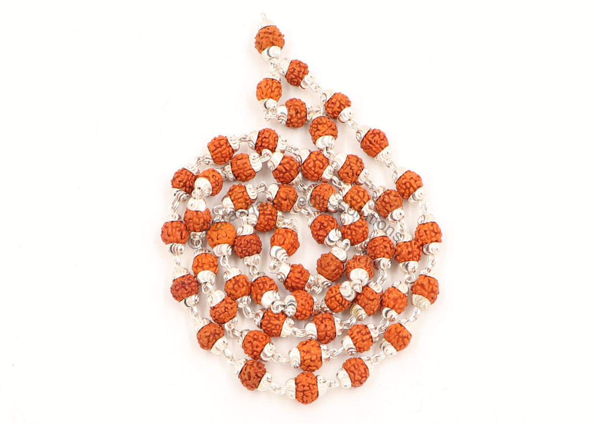 Arkam Rudraksh Mala with Silver Capping Certified/ Silver Rudraksh Mala for Men and Women/ Rudraksha mala Silver Cap Original/ Rudraksh Mala Set in Silver (Size: 7mm, Length: 27 inches, Beads: 54+1) - Retail Maharaj
