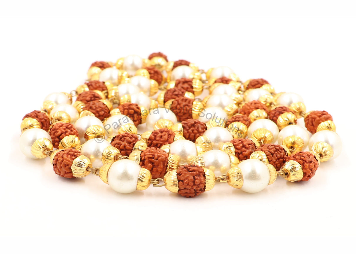 Arkam Rudraksh Pearl Mala/ 100% Natural Rudraksha and Pearl Mala with Gold Metal Capping/ Original Rudraksha Pearl Rosary/ Rudraksh Moti Mala/ Rudraksha Moti Rosary (Size: 6mm, Beads: 54+1, Length: 26 inches) - Retail Maharaj