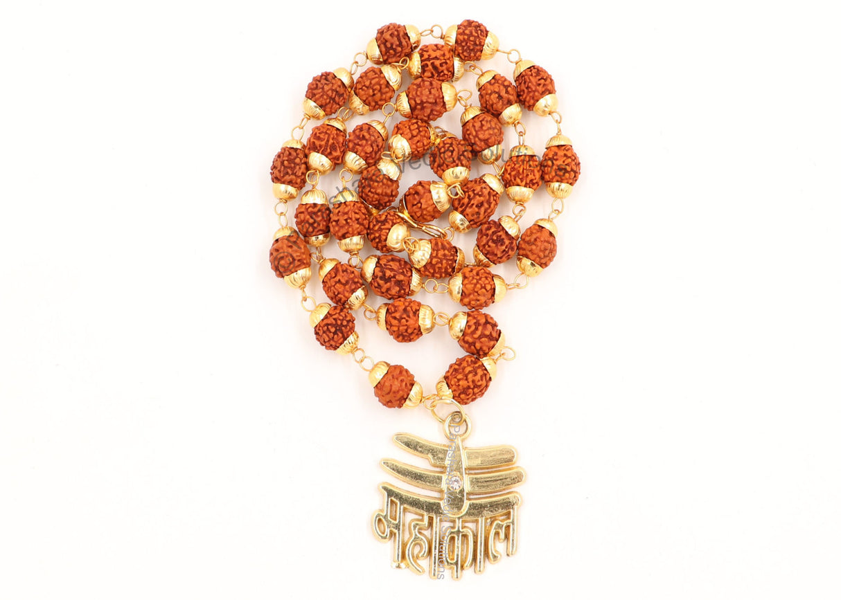 Arkam Mahakal Tripund Pendant and Rudraksha Mala Gold plated Brass/ Rudraksh Mala with Gold Metal Capping/ Fancy Rudraksh Mala for Men and women/ Stylish Rudraksha mala Yellow Cap/ Rudraksh Mala 10mm Original (Size: 10mm, Length: 24 inches) - Retail Maharaj