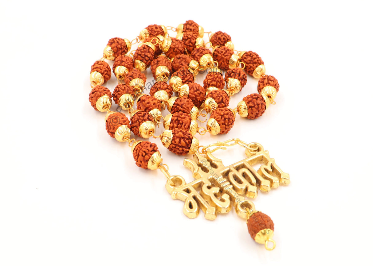 Arkam Mahakal Trishul Pendant and Rudraksha Mala Gold plated Brass/ Rudraksh Mala with Gold Metal Capping/ Fancy Rudraksh Mala for Men and women/ Stylish Rudraksha mala Yellow Cap/ Rudraksh Mala 10mm Original (Size: 10mm, Length: 24 inches) - Retail Maharaj