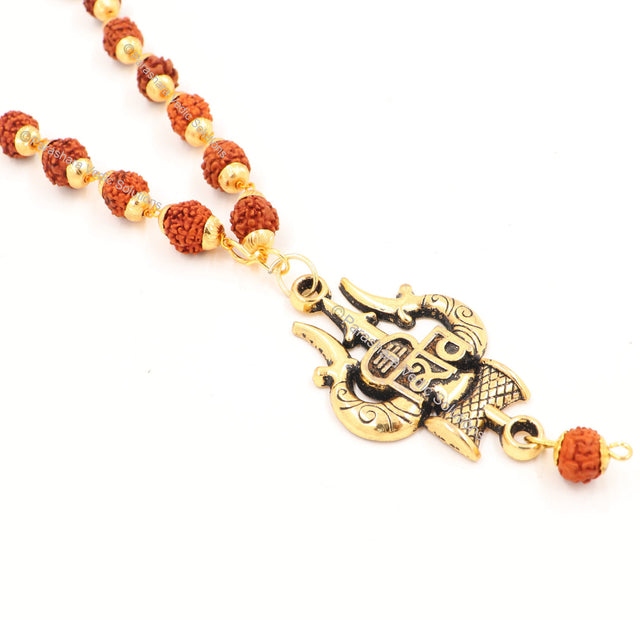 Arkam Shiv Trishul Pendant and Rudraksha Mala Gold plated Brass/ Rudraksh Mala with Gold Metal Capping/ Fancy Rudraksh Mala for Men and women/ Stylish Rudraksha mala Yellow Cap/ Rudraksh Mala 10mm Original (Size: 10mm, Length: 24 inches) - Retail Maharaj