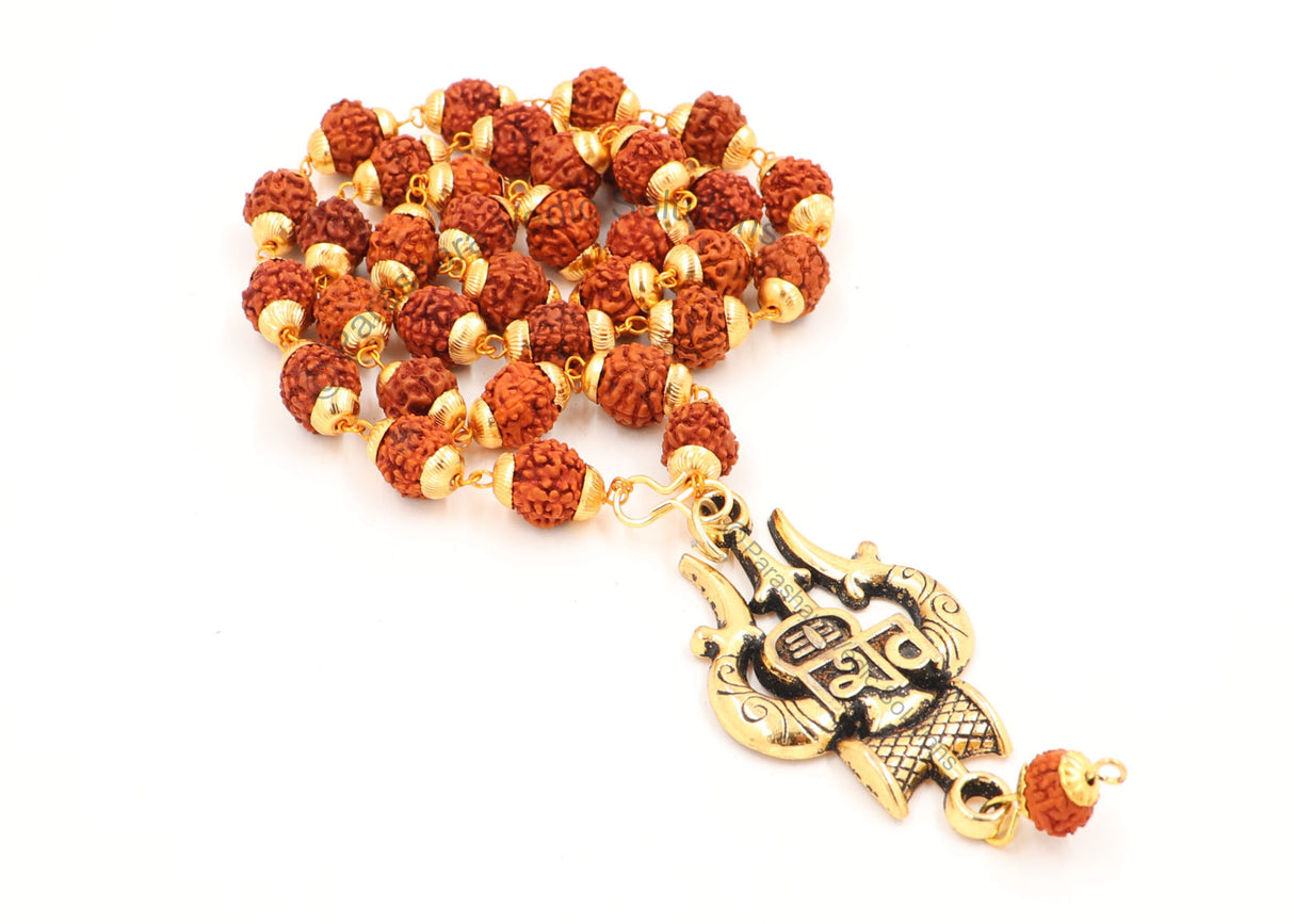 Arkam Shiv Trishul Pendant and Rudraksha Mala Gold plated Brass/ Rudraksh Mala with Gold Metal Capping/ Fancy Rudraksh Mala for Men and women/ Stylish Rudraksha mala Yellow Cap/ Rudraksh Mala 10mm Original (Size: 10mm, Length: 24 inches) - Retail Maharaj