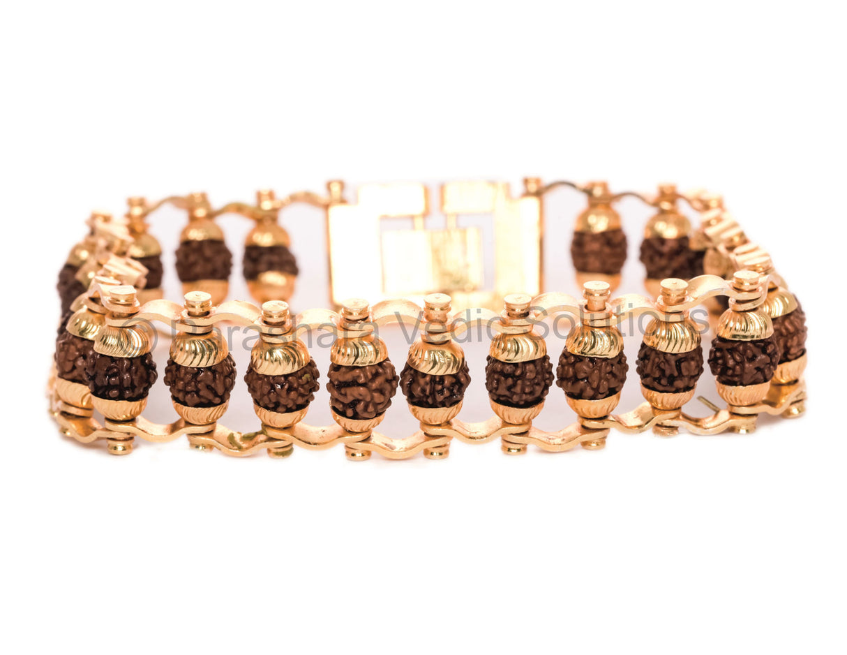 ARKAM Gold Plated Rudraksha Bracelet / Rudraksha Bracelet for men and women / Five Mukhi Rudraksha Bracelet (Length: 8", Golden) - Retail Maharaj