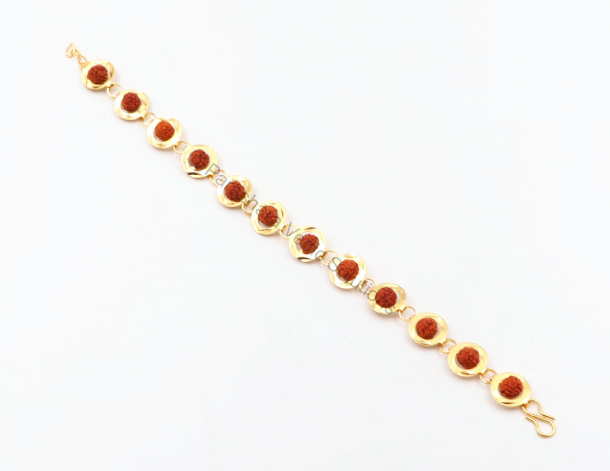 ARKAM Gold Plated Rudraksha Bracelet in Rings / Rudraksha Bracelet for men and women / Five Mukhi Rudraksha Bracelet (Length: 8", Golden) - Retail Maharaj