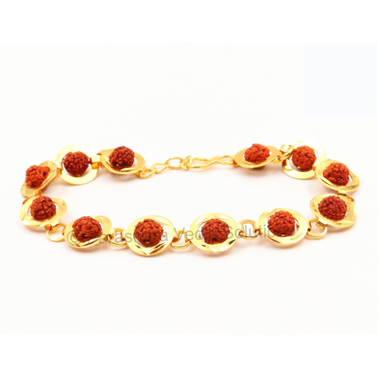 ARKAM Gold Plated Rudraksha Bracelet in Rings / Rudraksha Bracelet for men and women / Five Mukhi Rudraksha Bracelet (Length: 8", Golden) - Retail Maharaj