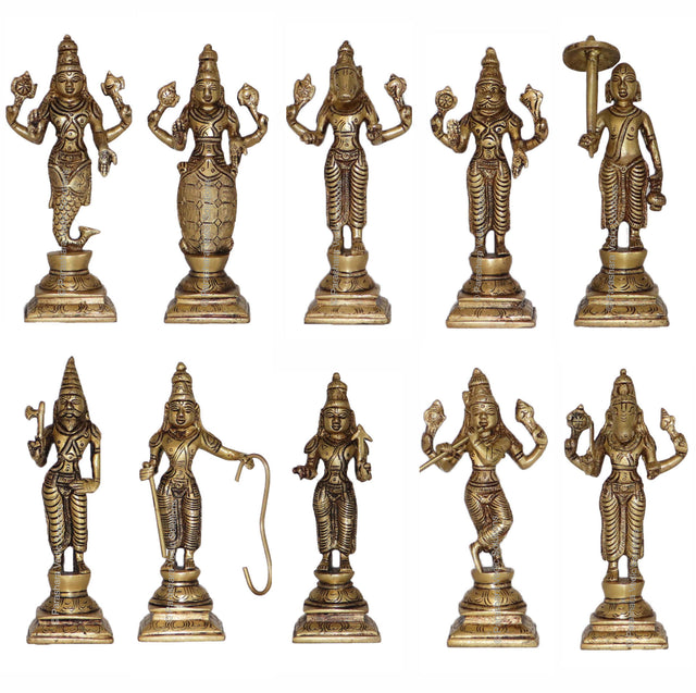 Arkam Brass Dashavatar Murti / Dash Avatar Idol / Pital Das Avatar Statue (Set of 10) - Antique Brass For Home / Temple / Office (Height: 15.4 cm, Weight: 4000 gms) - Retail Maharaj