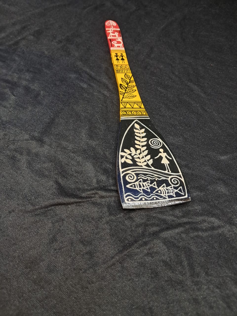 Handcrafted Warli Art Wooden Spatula – “River Life”