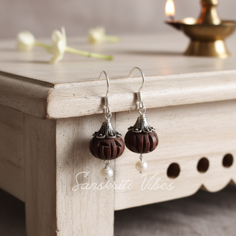 Sterling Silver Capped Tulsi Radha Carved Bead Designed Earrings – Divine Spiritual Jewelry - Retail Maharaj
