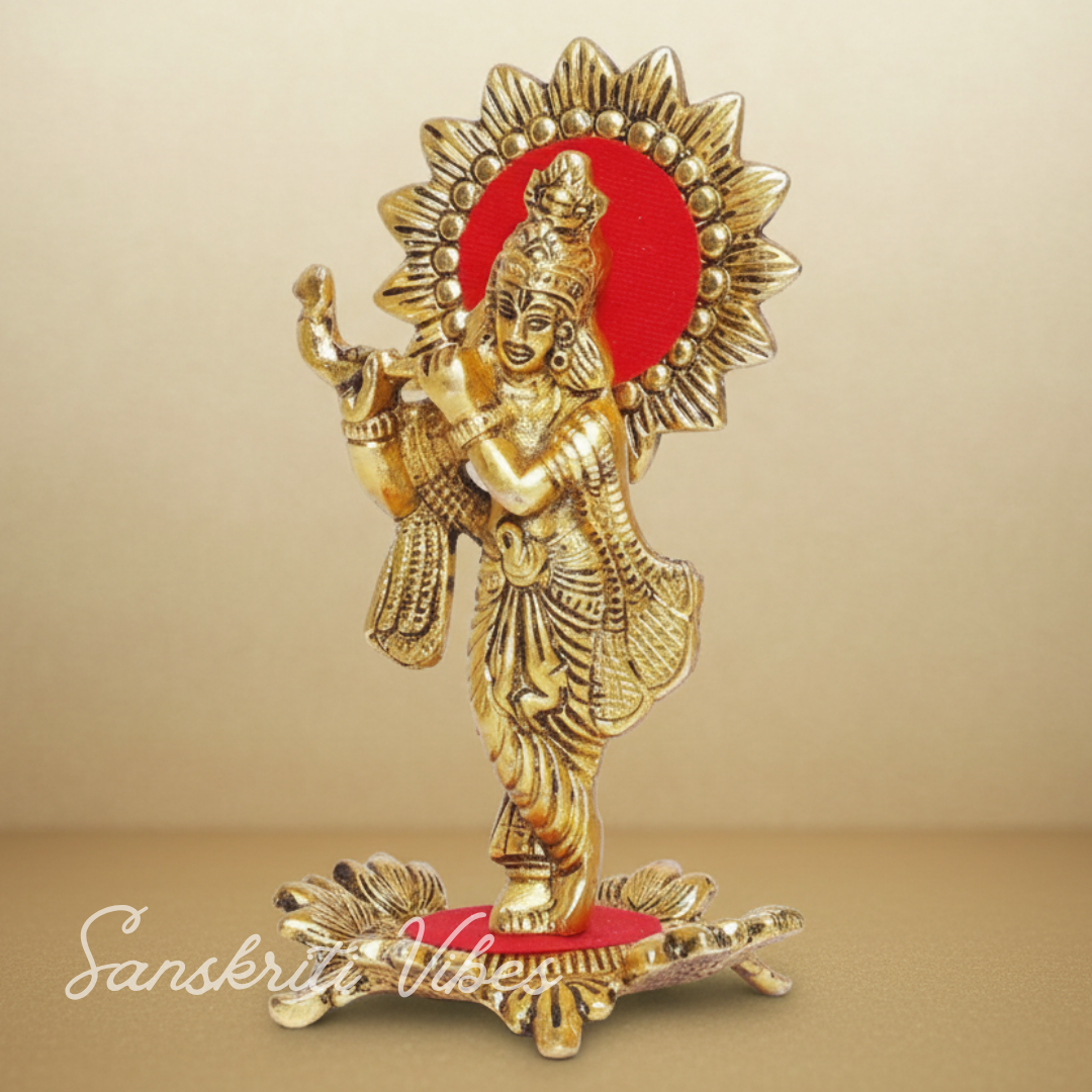 Handcrafted Lord Krishna Standing Playing Flute Gold Statue for Pooja Room and Home Decoration Aluminium Glossy Finish Idol
