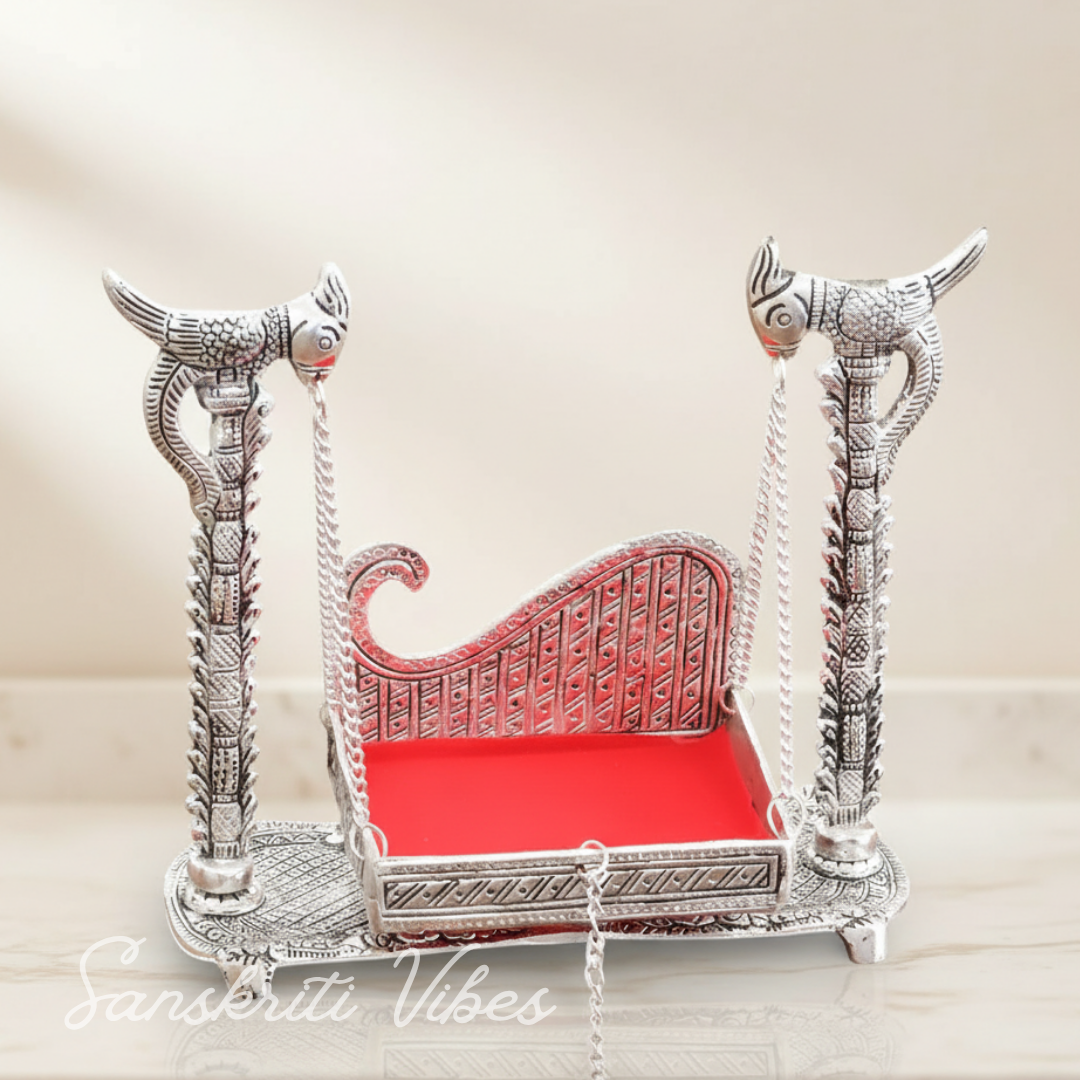 Handcrafted Laddu Gopal Metal Swing Jhula Krishna Hindola Palana Decorative Idol for Temple and Home Pooja Silver Finish by Sanskriti Vibes