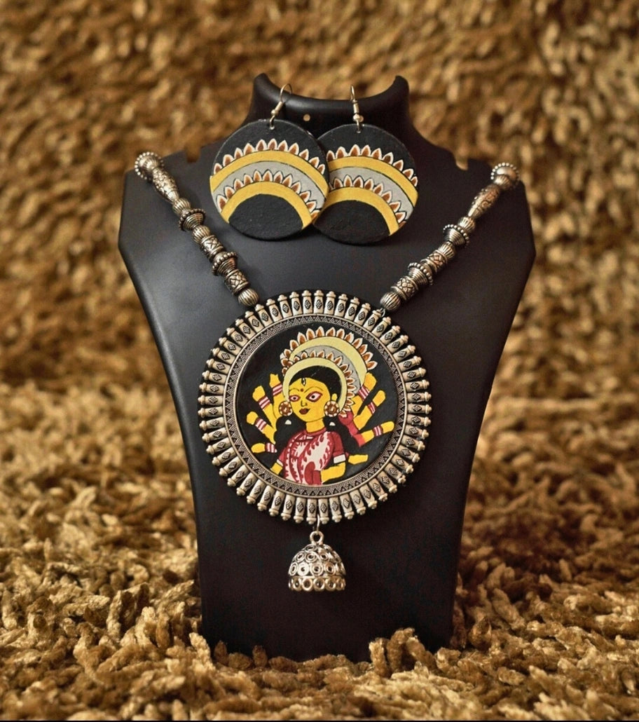 Divine Devi Pendant Set – Hand-Painted Goddess Durga Necklace with Oxidized Metal Earrings for Festive & Cultural Occasions