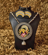 Divine Devi Pendant Set – Hand-Painted Goddess Durga Necklace with Oxidized Metal Earrings for Festive & Cultural Occasions