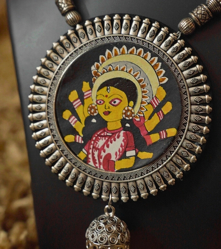 Divine Devi Pendant Set – Hand-Painted Goddess Durga Necklace with Oxidized Metal Earrings for Festive & Cultural Occasions