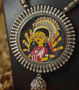 Divine Devi Pendant Set – Hand-Painted Goddess Durga Necklace with Oxidized Metal Earrings for Festive & Cultural Occasions
