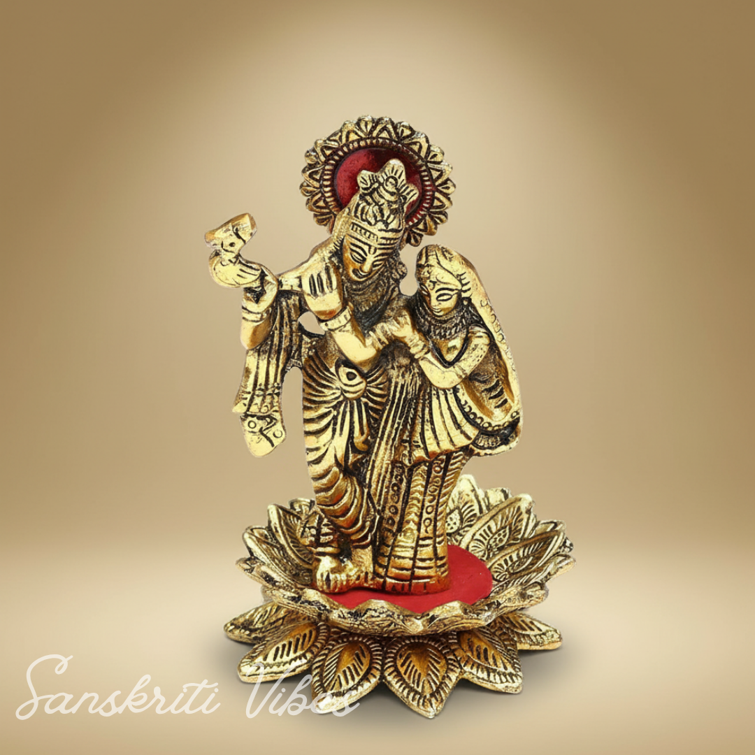 Handcrafted Radha Krishna Standing on Flower Playing Flute Gold Plated Decorative Showpiece 15 cm Aluminium Statue for Home and Pooja by Sanskriti Vibes