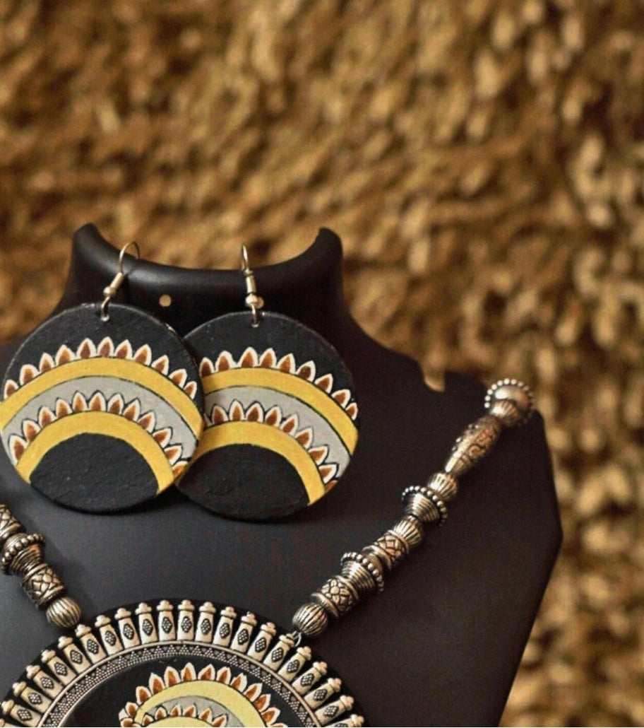 Divine Devi Pendant Set – Hand-Painted Goddess Durga Necklace with Oxidized Metal Earrings for Festive & Cultural Occasions
