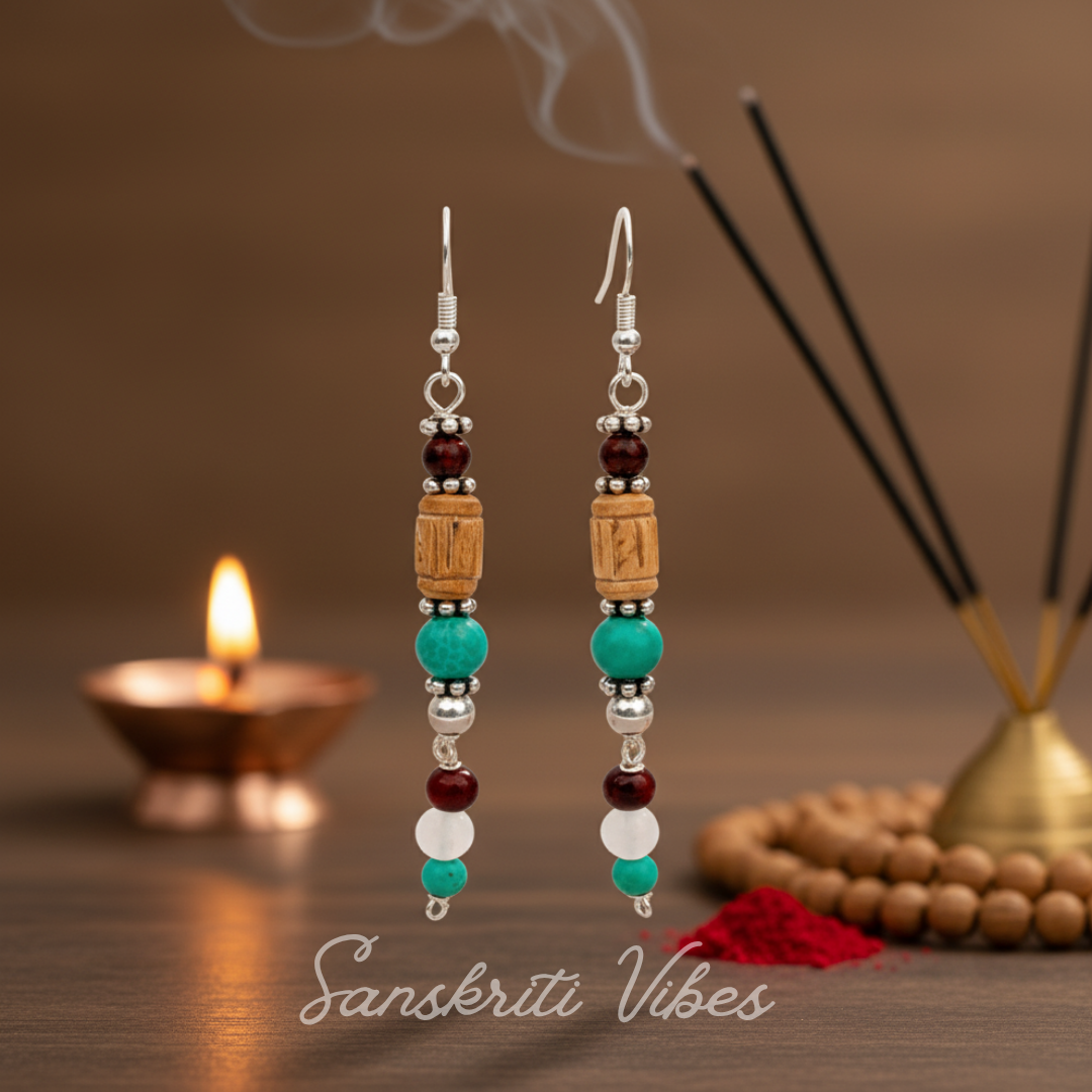 Sterling Silver Cylindrical Shaped Tulsi Earrings Set – Elegant Spiritual Jewelry