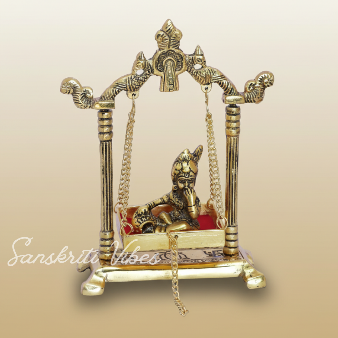 Laddu Gopal Jhula Palana Metal Statue – Gold-Plated Krishna Murti for Home & Office Decor, Religious Gift Idol