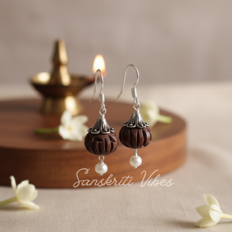 Sterling Silver Capped Tulsi Radha Carved Bead Designed Earrings – Divine Spiritual Jewelry - Retail Maharaj